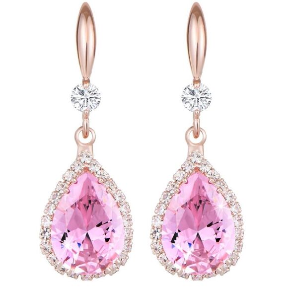 14K Rose Gold with Pink Sapphire Cubic Zirconia Teardrop Hook Dangling Earrings - Picture 1 of 5
